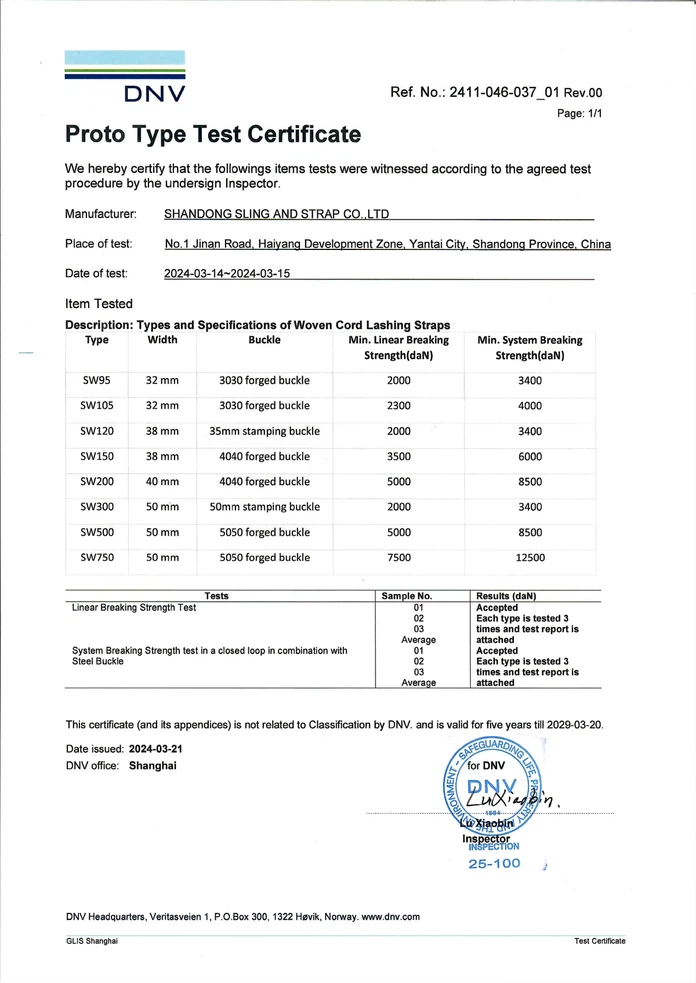 SW Woven lashing strap DNV Certificate SW Woven lashing strap DNV Certificate